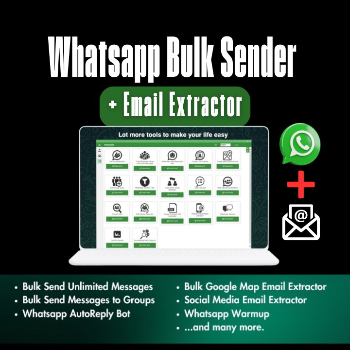 Whatsapp Bulk Sender + Group Sendr + EMail Extractor + Whatsapp Auto Reply Bot